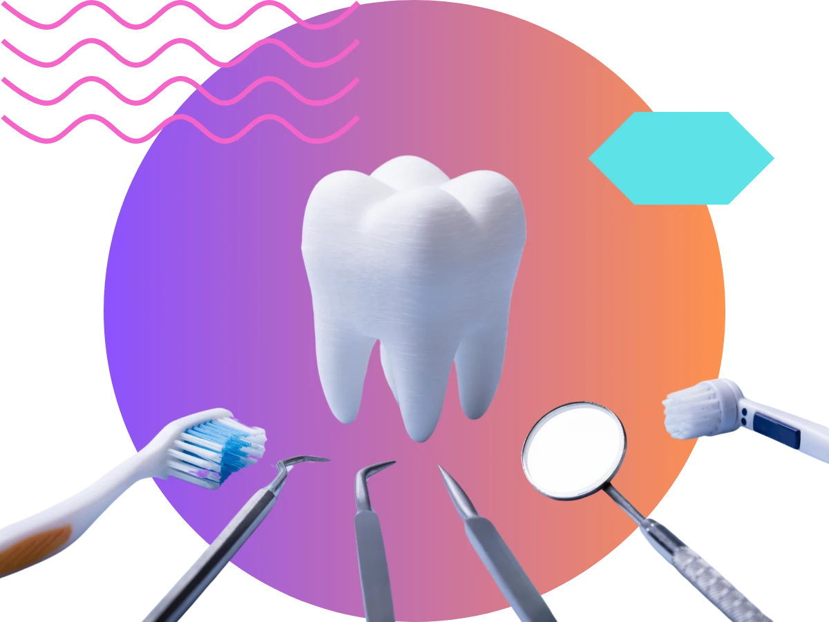3D graphic of a tooth and dental tools representing AI-powered dental search visibility