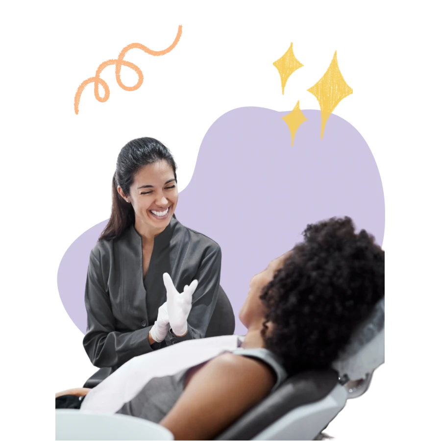 Dentist giving a friendly consultation to a happy patient who leaves a 5-star review